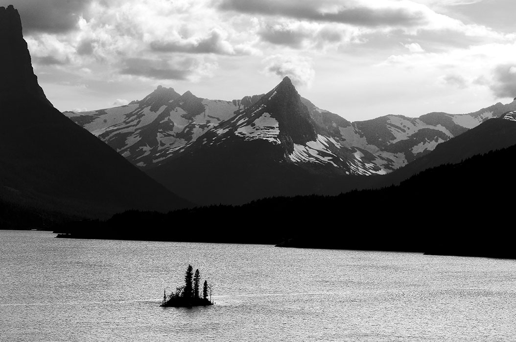 Black and white image of Goose Island in Glacier National Park