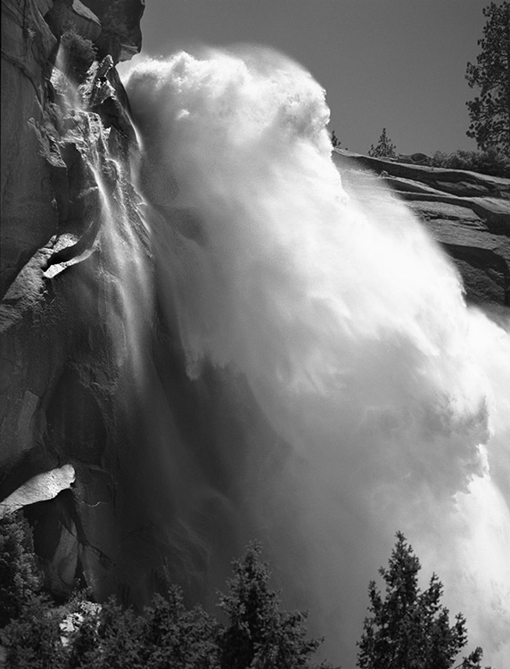 black and white image of roaring Nevada Falls, Yosemite, NP