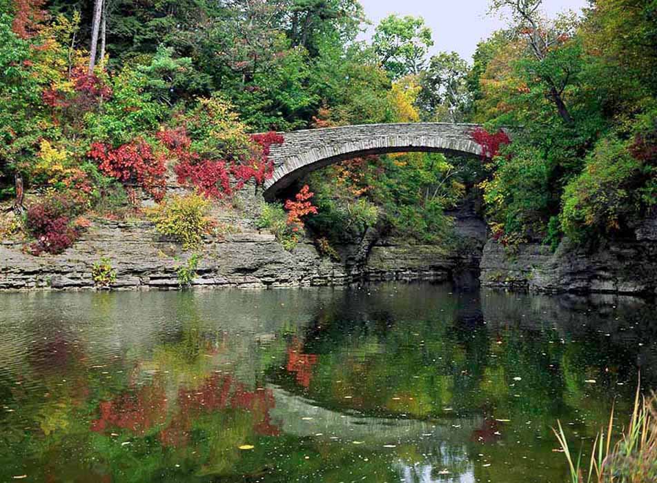 Sackett Bridge over Beebe Lake at Cornell in autumn