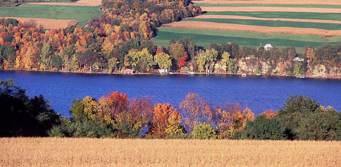 Owasco Lake and surrounding farmland in autumn