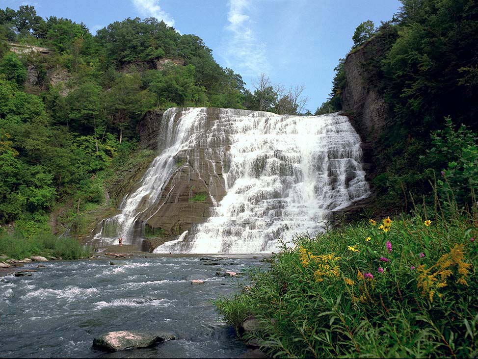 Ithaca Falls with swimmers and flowers