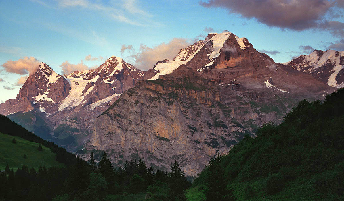 View of the Eiger, Munch, and Jungfrau from Muren