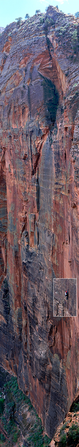 Alone on the wall, a rock climber ascends the north face of Angel's Landing, Zion Nat. Park UT